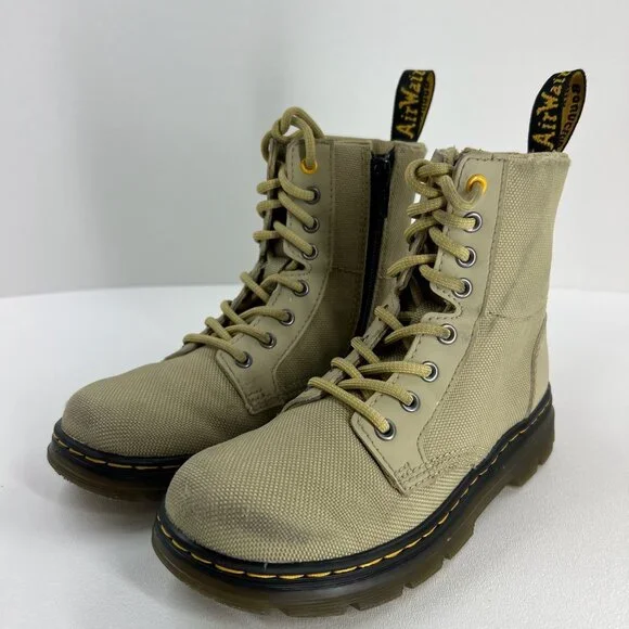 Dr. Martens Youth Combat Boots Size 13 Lace Up Side Zip Beige Canvas - Picture 6 of 13